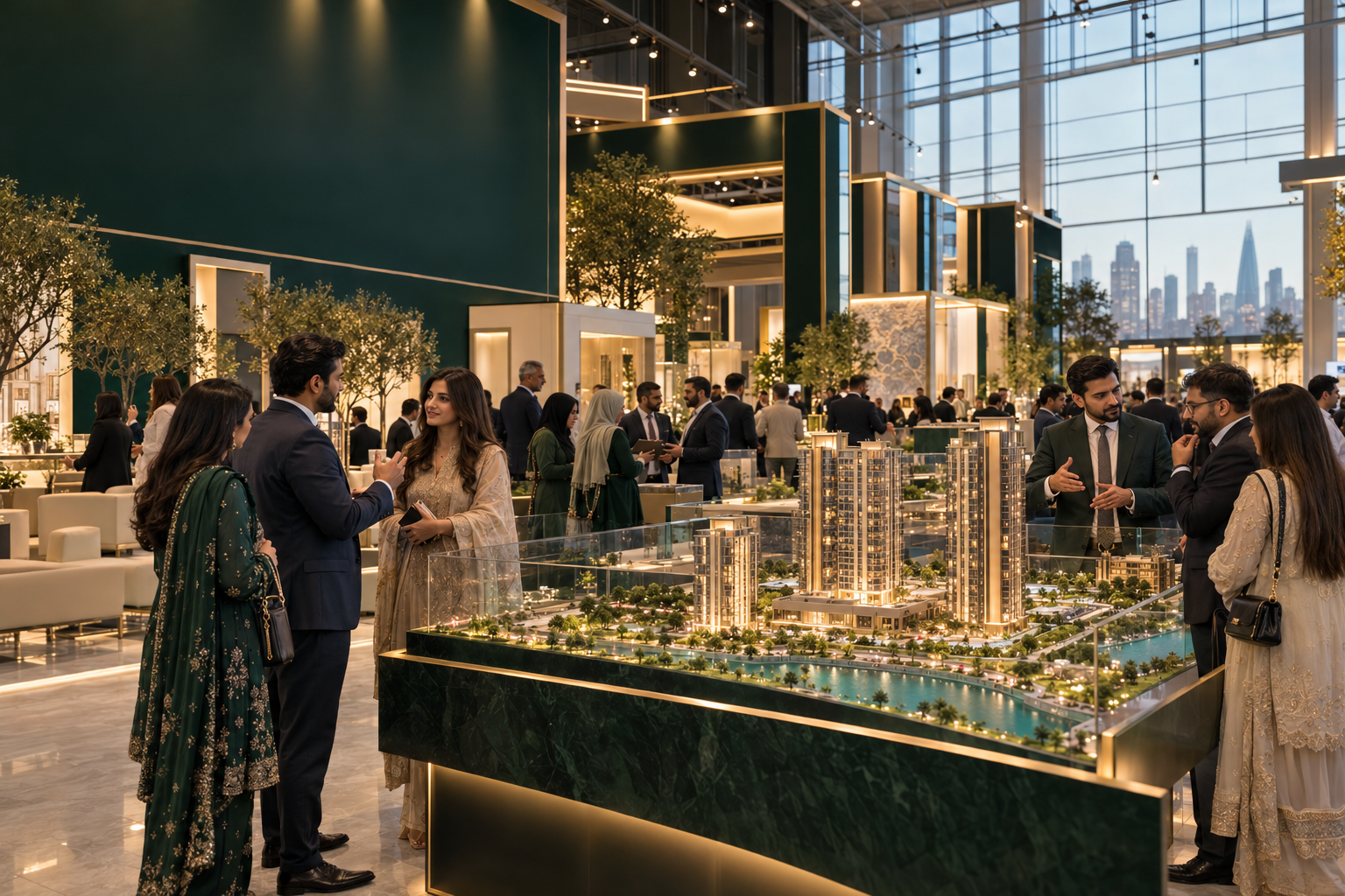 Guests in formal and traditional attire gathered around an illuminated architectural model at a property exhibition