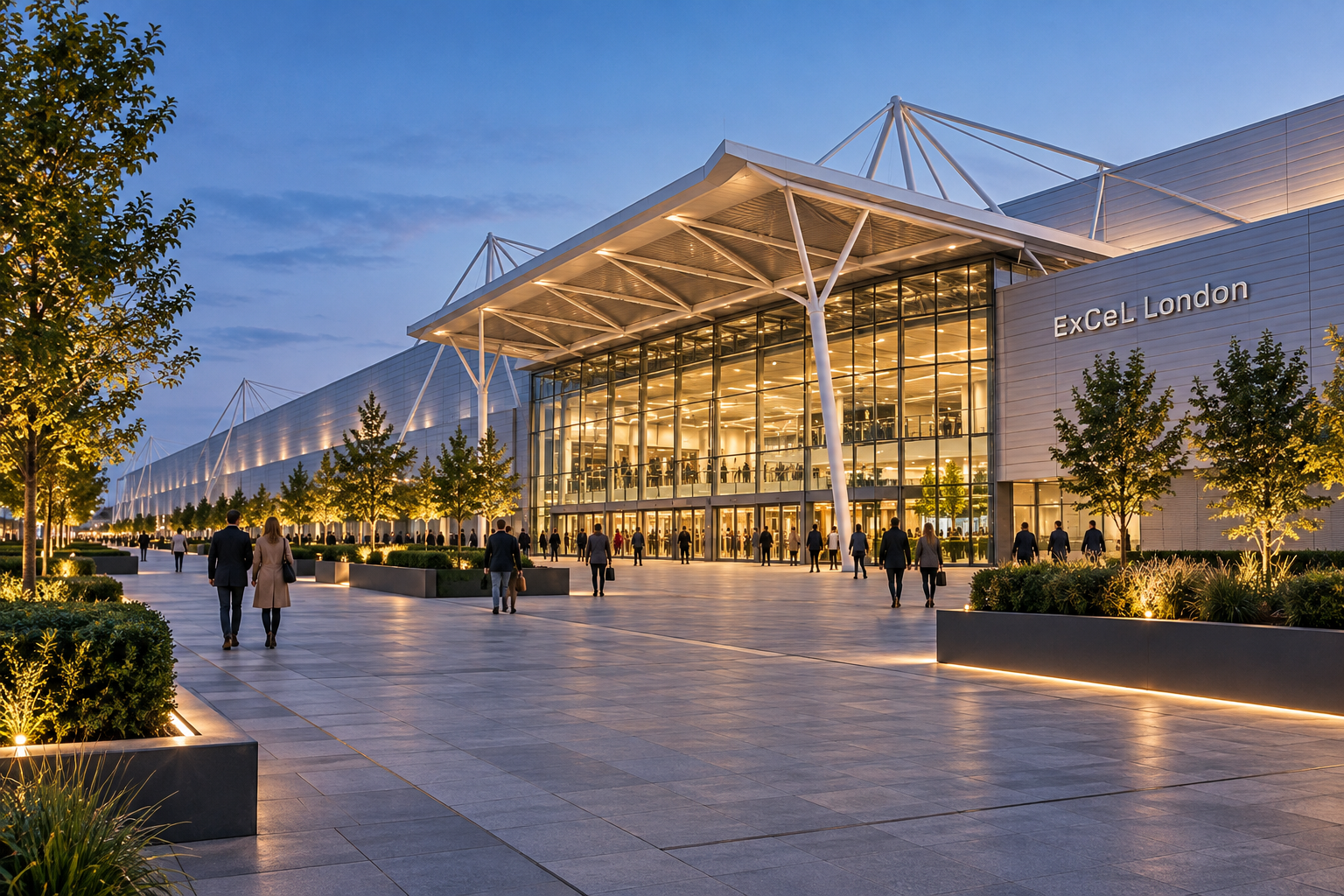 Guests arriving at the glass entrance of ExCeL London beneath a white canopy at dusk